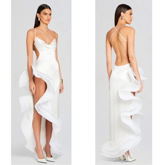 Retrofete Kaitlin Ruffle High Low Cutout White Maxi Dress Size Small - Picture 3 of 14
